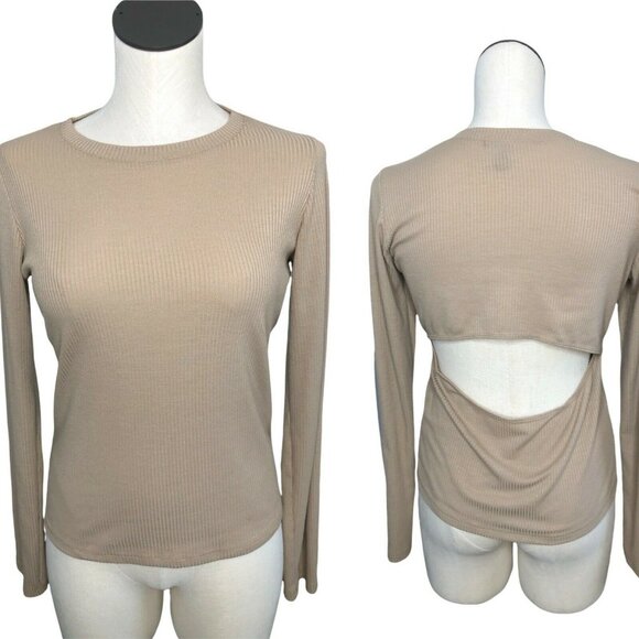 T Shirt Womens Large Ribbed Long Sleeves Cut Out Forever 21 Beige Tan - Picture 1 of 6